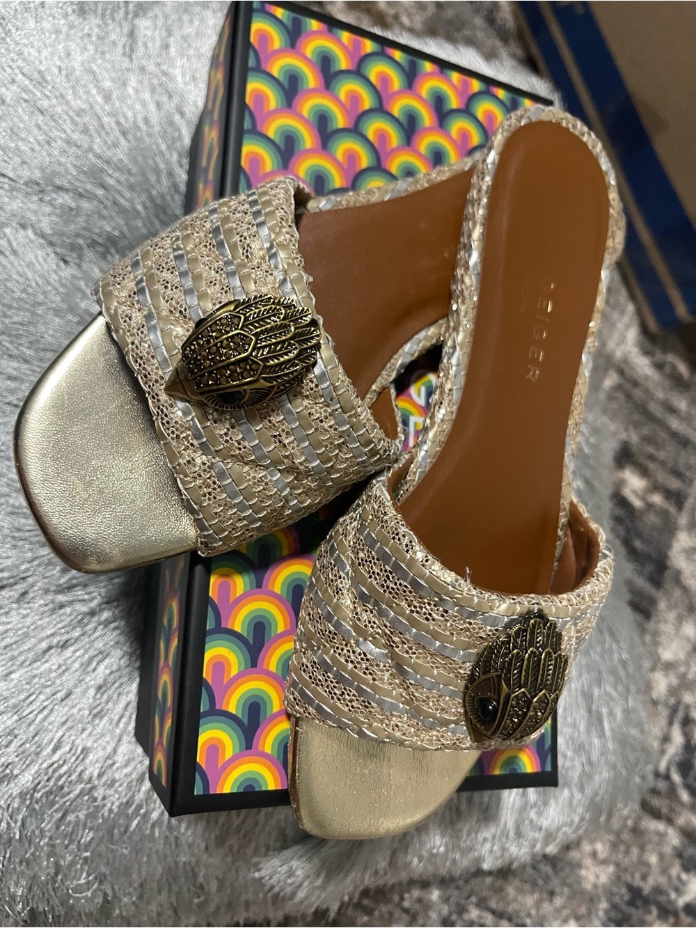 Kurt Geiger Metallic Gold Braided Slide Mules with Hamsa Emblem